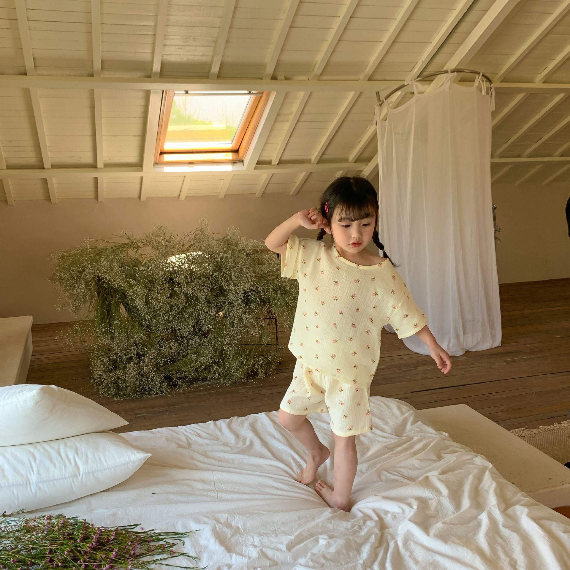 紗布棉短袖家居服套裝-小碎花-奶油色