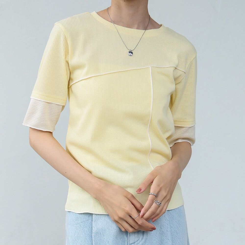 柔美線條羅紋異材質短袖上衣-淺黃 (M)