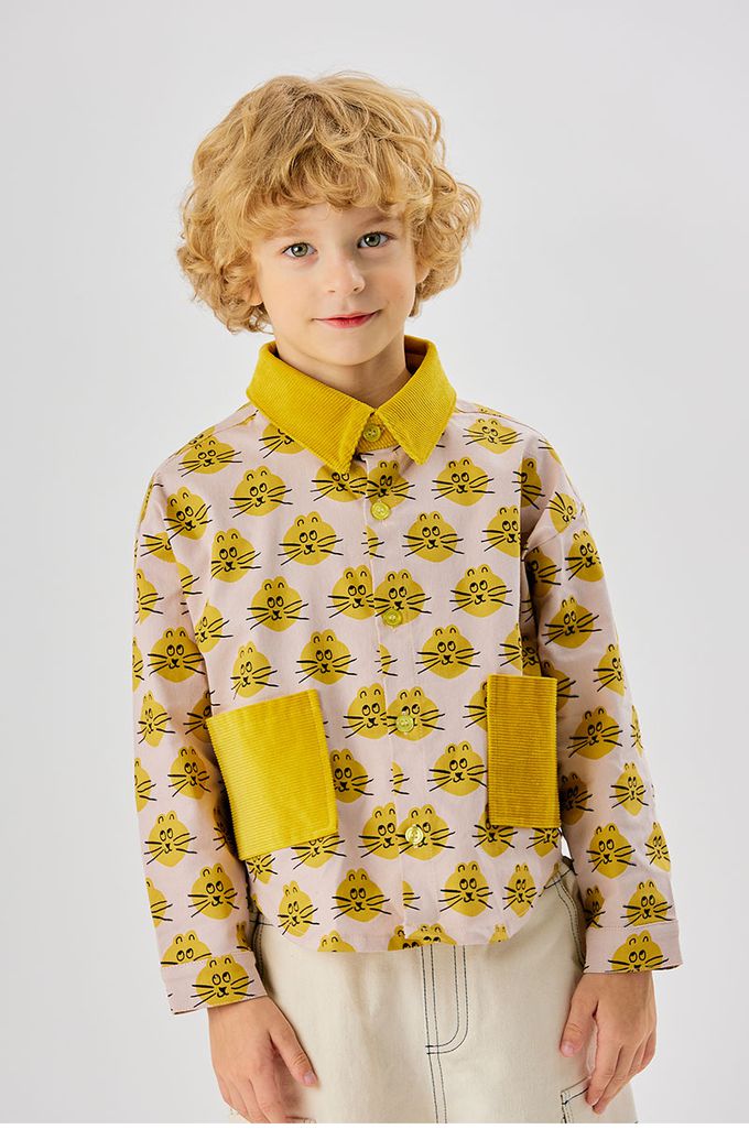 韓國 OZKIZ - 滿版黃貓圖印翻領長袖襯衫