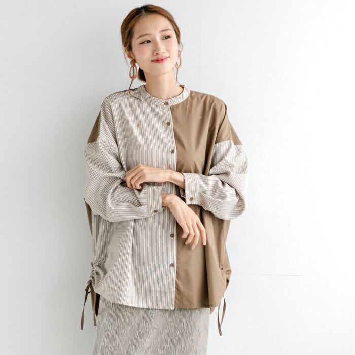 日本 ihuu - 側抽繩條紋撞色長袖襯衫-奶茶