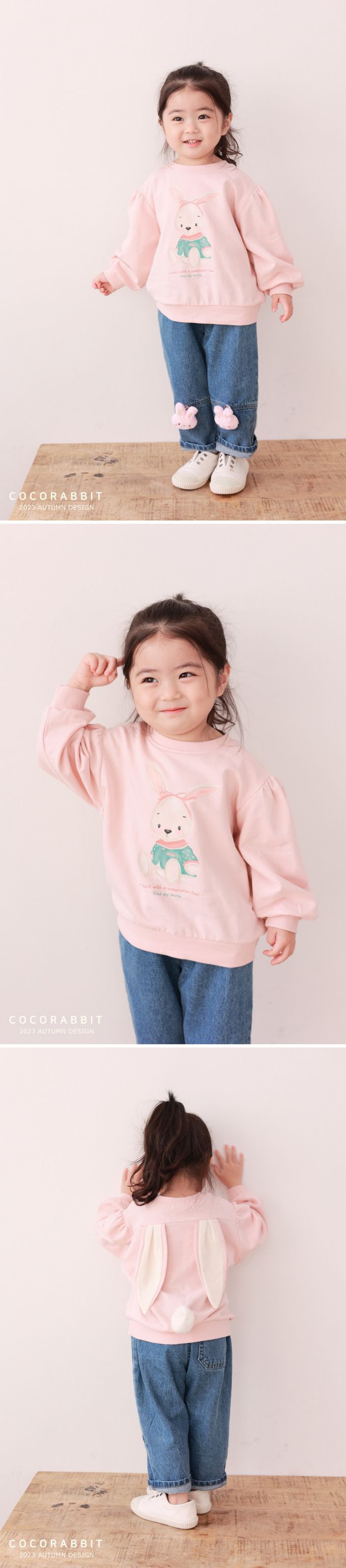 韓國 Coco rabbit - 兔兔印長耳裝飾長袖大學T-粉
