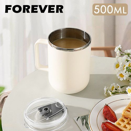日本FOREVER - (買一送一) 304不鏽鋼雙層保溫馬克杯/茶杯500ml-米白(附蓋)