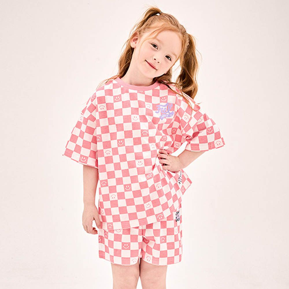 笑臉棋盤格短袖套裝-粉