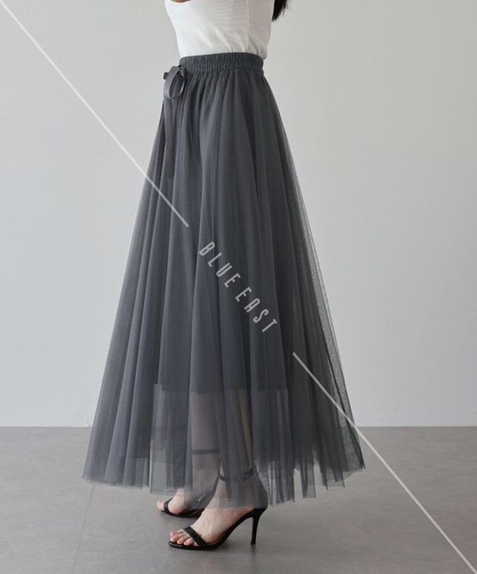 日本 BLUE EAST - 浪漫豐盈蝴蝶結綁帶薄紗裙-素色-炭灰