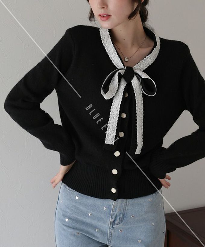 日本 BLUE EAST - 少女爛漫蕾絲蝴蝶結開襟衫-灰