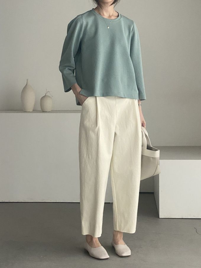 韓國女裝連線 - 設計感抓褶拼接八分袖上衣-藍綠 (FREE)