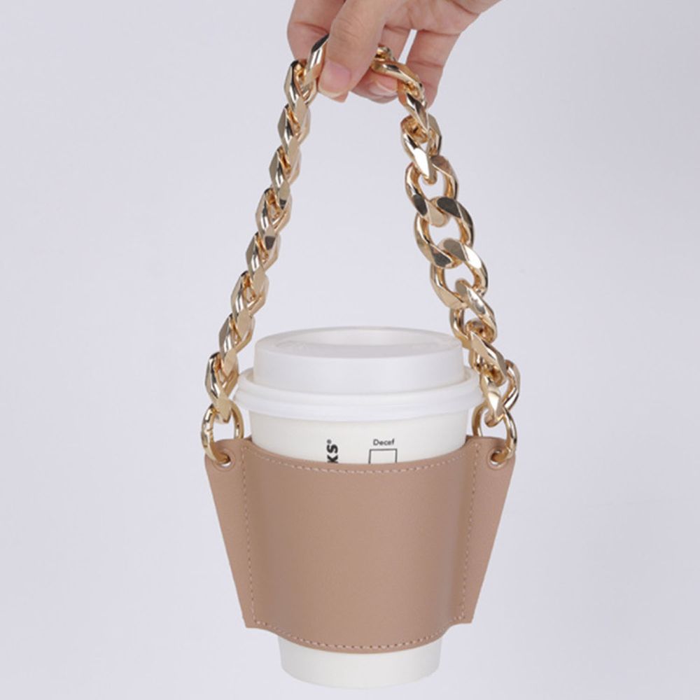 時尚手鏈咖啡皮質杯套-金色鏈條+杏色杯套