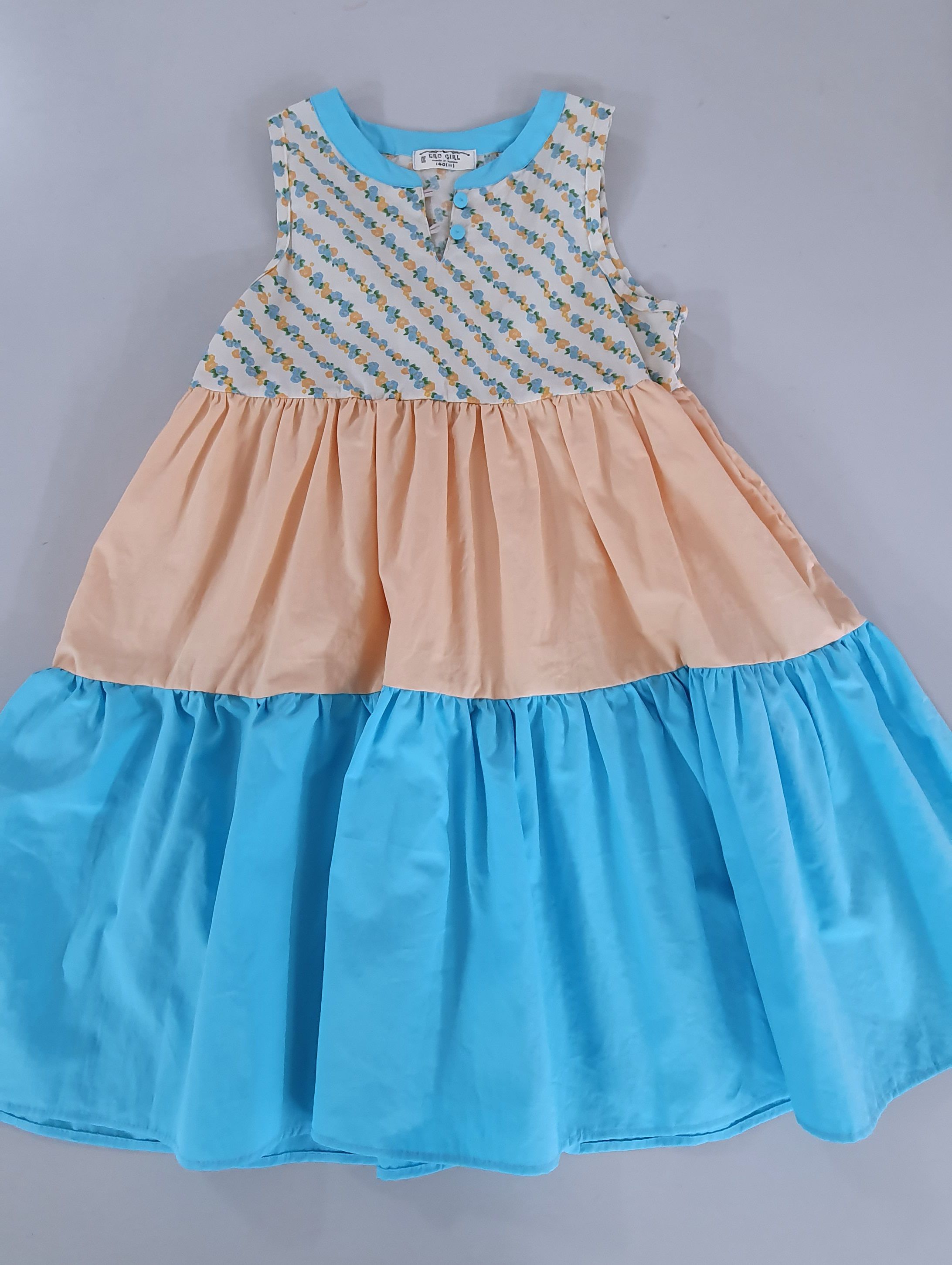 韓國 ERU - 斜紋花朵拼接色長版洋裝-藍粉