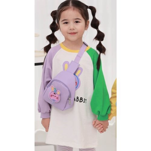 (附包包)派對兔子撞色袖洋裝-紫兔-紫X綠