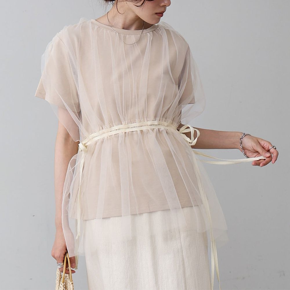 仙氣皺摺薄紗 腰綁帶短袖上衣-卡其