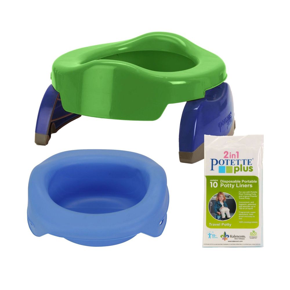 美國 Potette Plus - 可攜式馬桶-綠色+摺疊式家用防漏盆-藍色+拋棄式防漏袋10入裝)