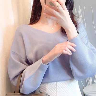 日本 GRL - 顯瘦V領簡約針織長袖上衣-藍紫 (F)