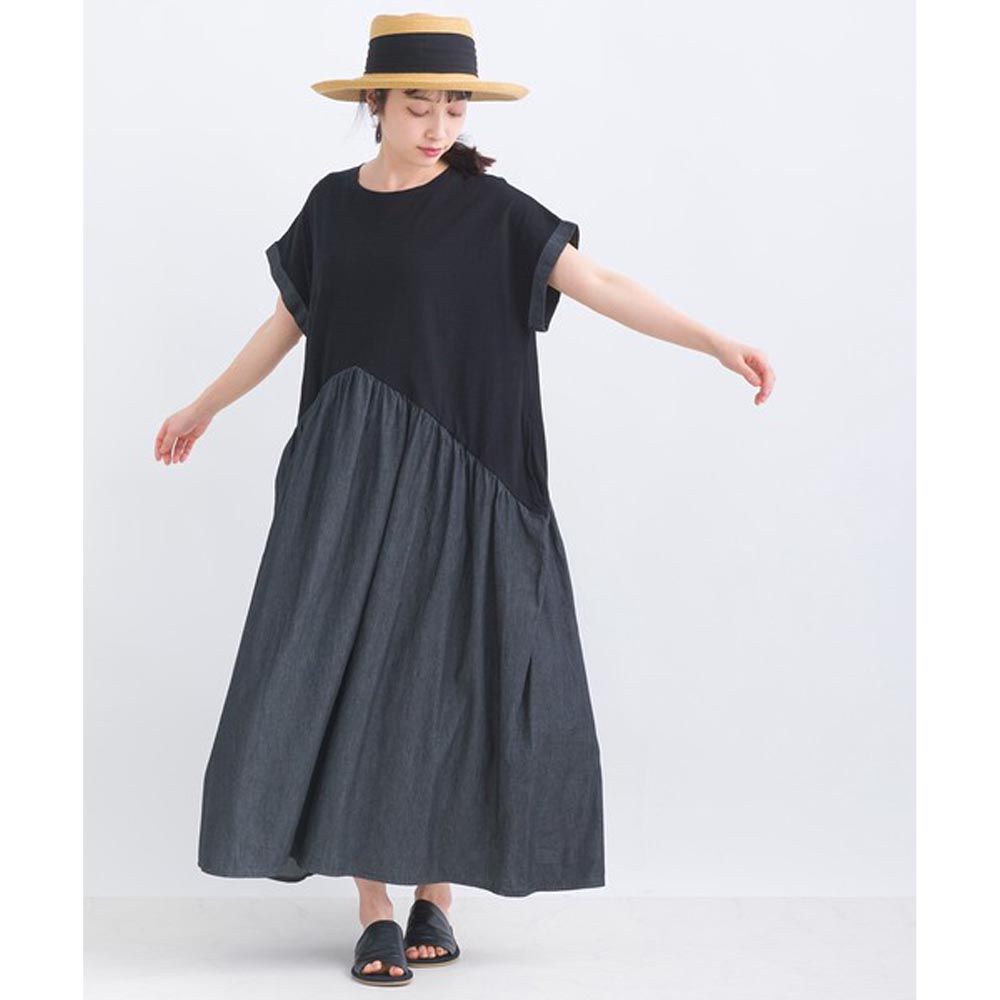 日本 Lupilien - [人氣款] 顯瘦雙色拼接純棉洋裝-黑