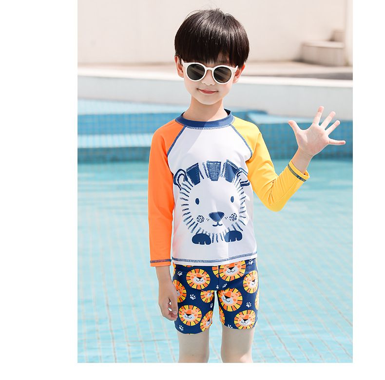 男寶短袖連身泳裝-Q萌獅子-橘+白+黃