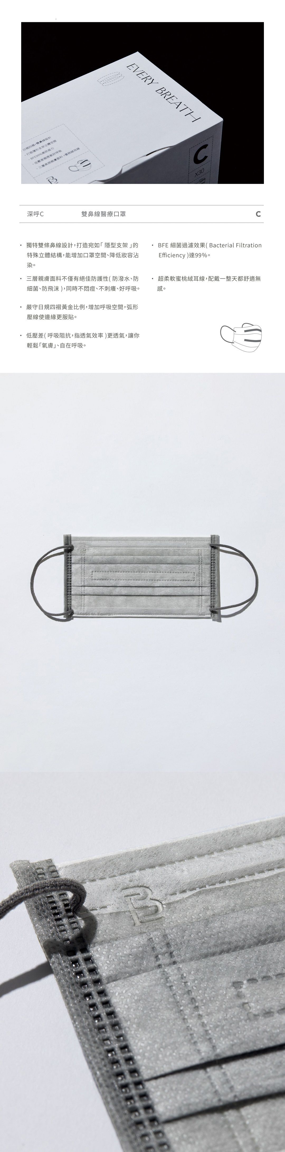 EVERY BREATH - 成人醫療級雙鼻壓條平面口罩/一心一罩/雙鋼印/台灣製-深呼C-灰霧綠-30入/盒(未滅菌)