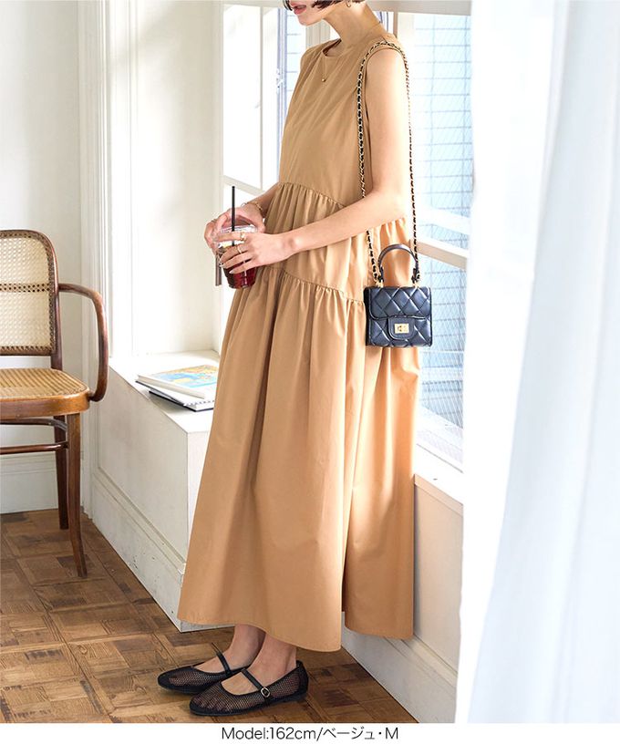 日本 Kobe Lettuce - 渡假風簡約分層無袖洋裝-水藍 (M)