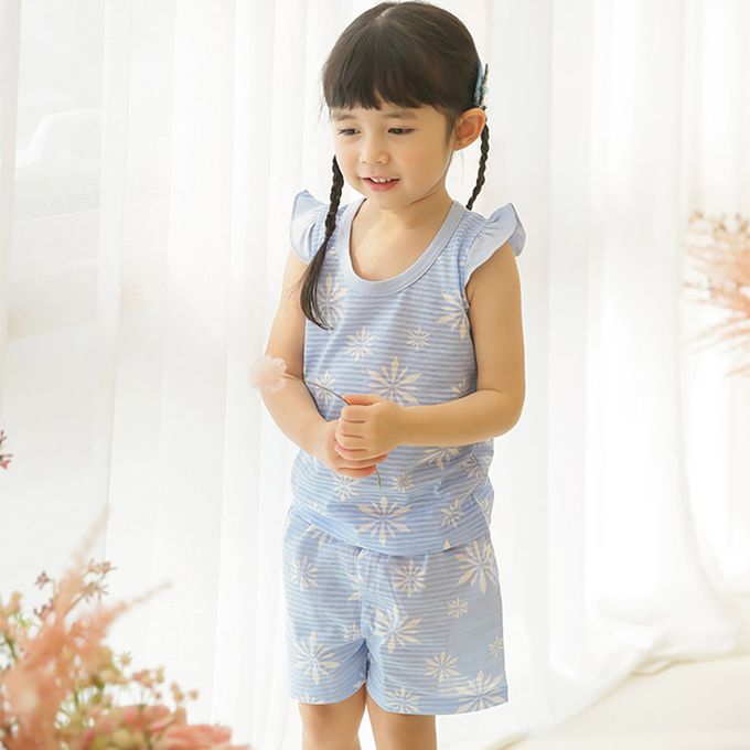 正韓 Puco - 超優質嬰幼兒/兒童無袖100% 有機棉家居服/睡衣-粉藍冰晶