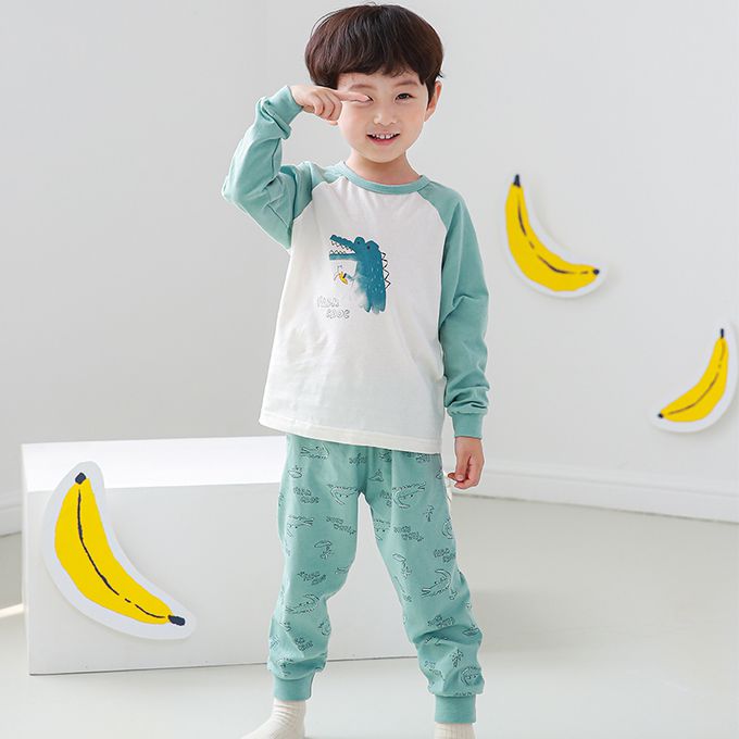 正韓 Cogibu - 極舒適無螢光劑 100% 有機棉幼兒/兒童睡衣/家居服套裝組-小鱷魚