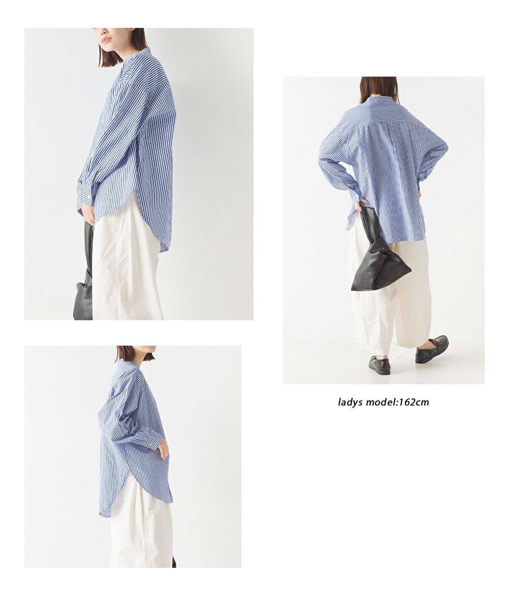 日本 OMNES - 100%棉 厚磅小立領長袖襯衫-條紋-藍白-1435