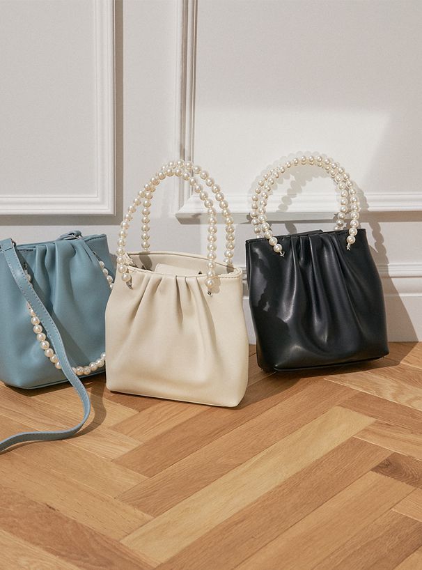 日本 GRL - 珍珠提把抓皺手提包/側背包-米