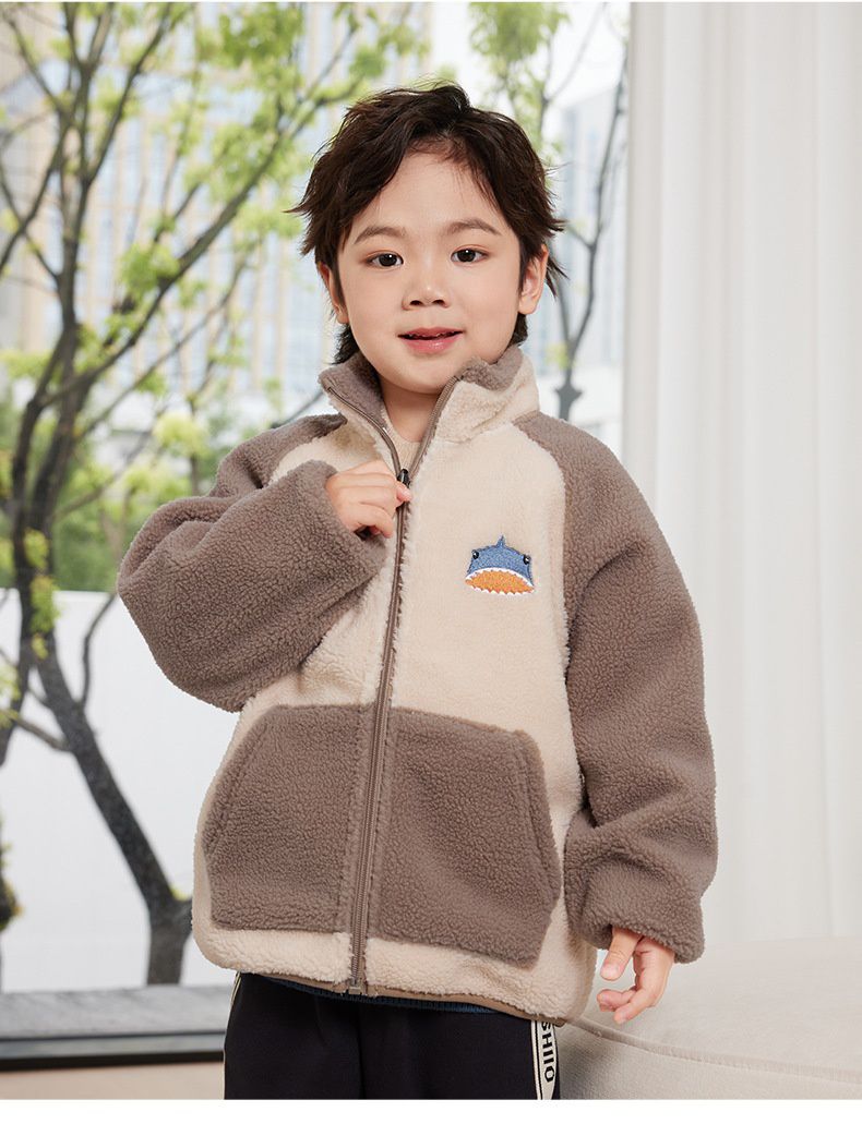 羊羔絨兒童保暖外套-鯊魚-咖啡色