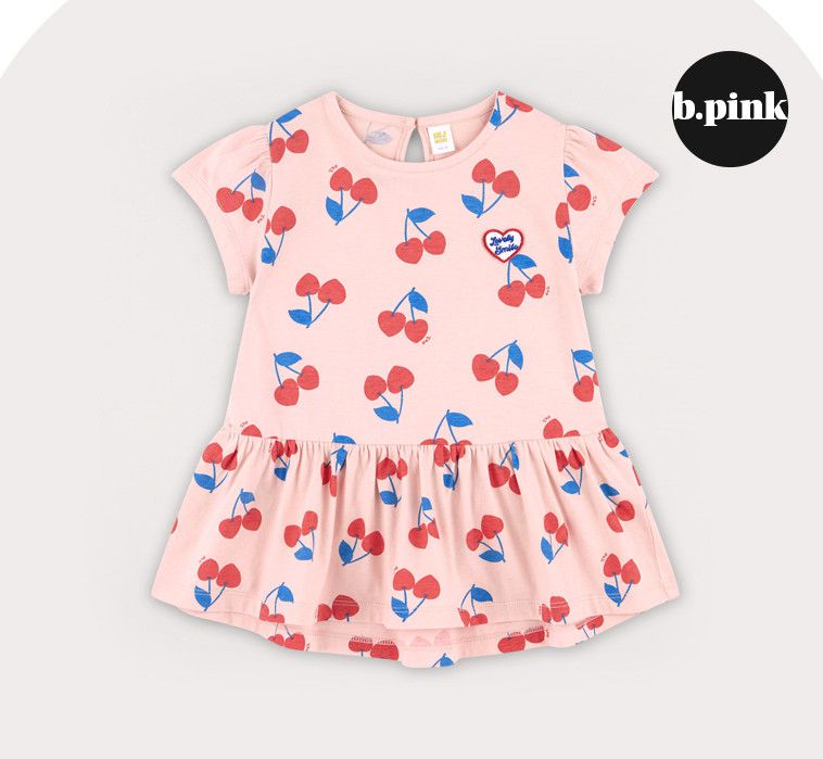 韓國 HEJMINI - 荷葉下擺滿版櫻桃上衣-粉紅