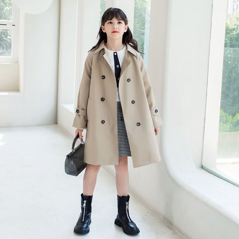 英倫風氣質長版風衣外套-杏色