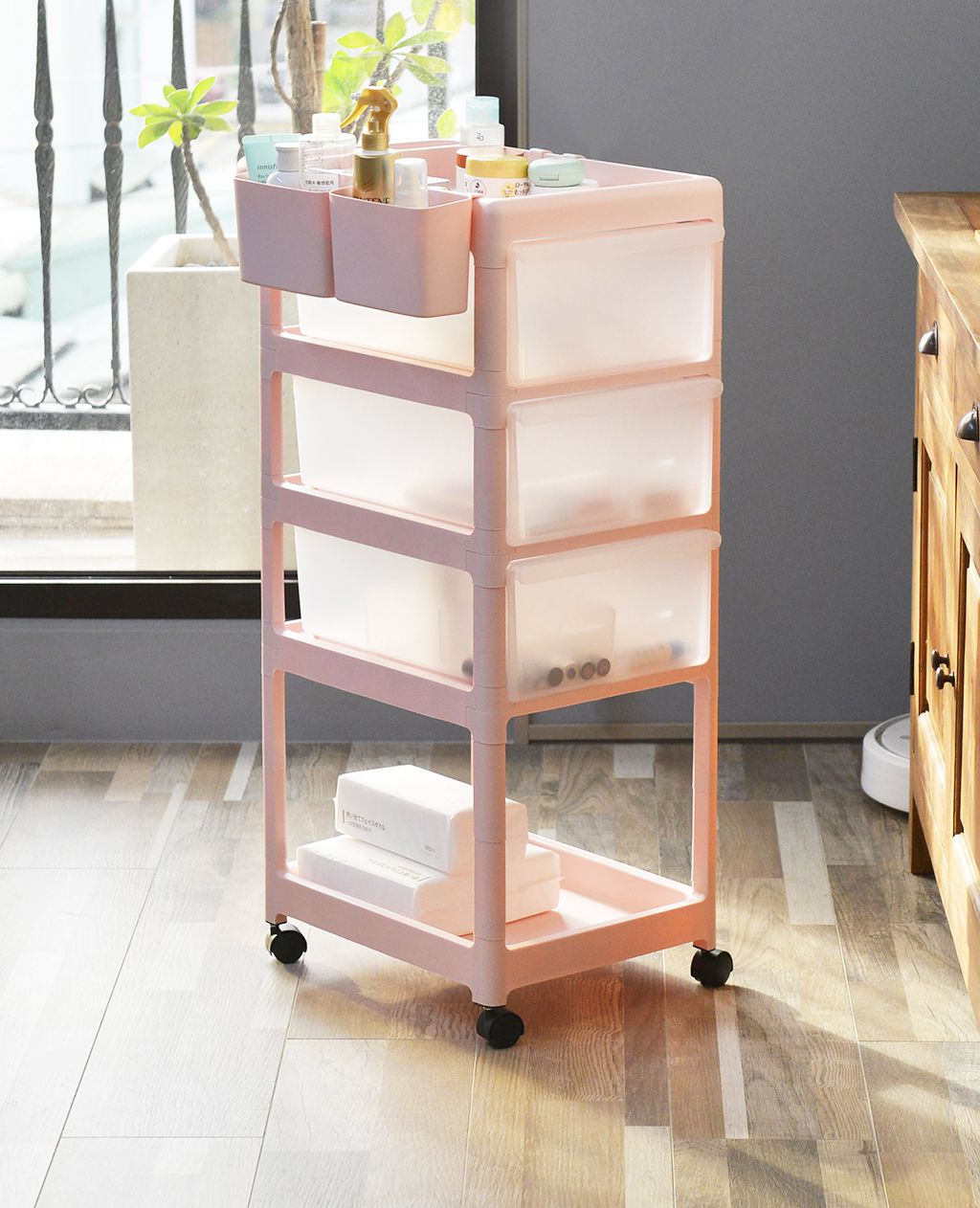 PICKup - 可移式四層抽屜多用途收納推車(3抽)-DIY-霧透抽屜款(粉白)