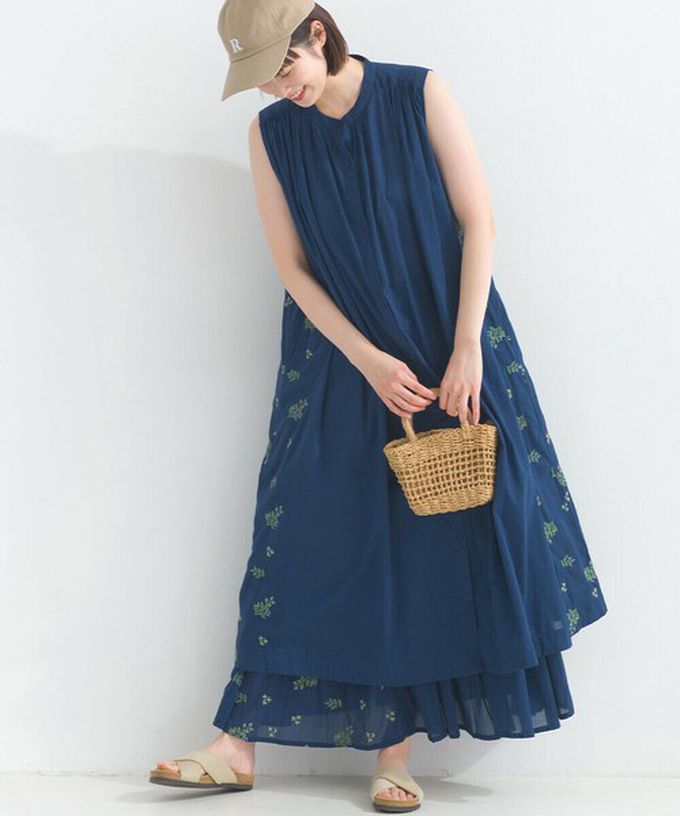 日本 Lupilien - 100%印度棉 優美植物側邊刺繡無袖洋裝-紫