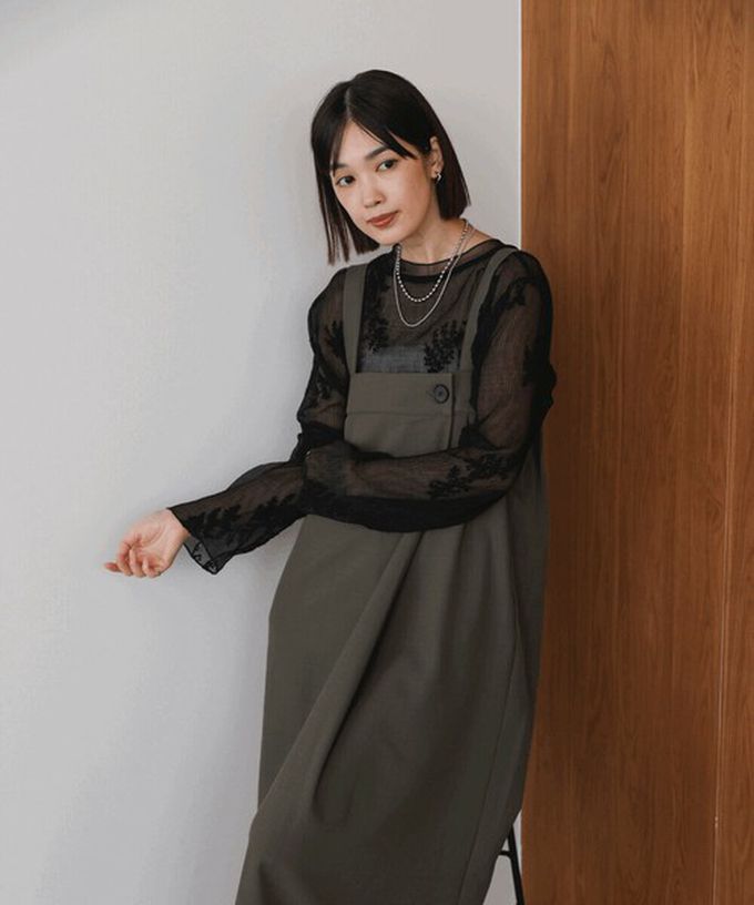 日本 Bab - 斜紋布優雅摺線工裝風吊帶裙-深灰