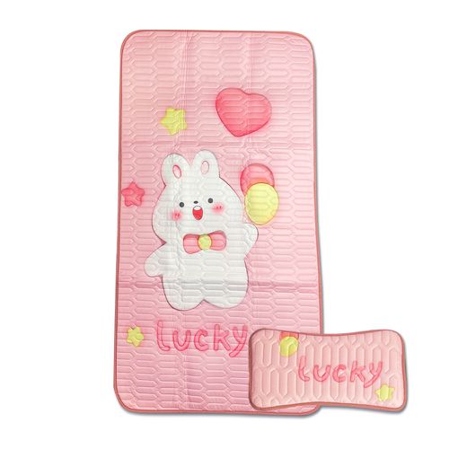 JoyNa - 卡通乳膠涼蓆兩件組 冰絲涼感-粉色LUCK兔 (墊:120*60/枕:39*22)