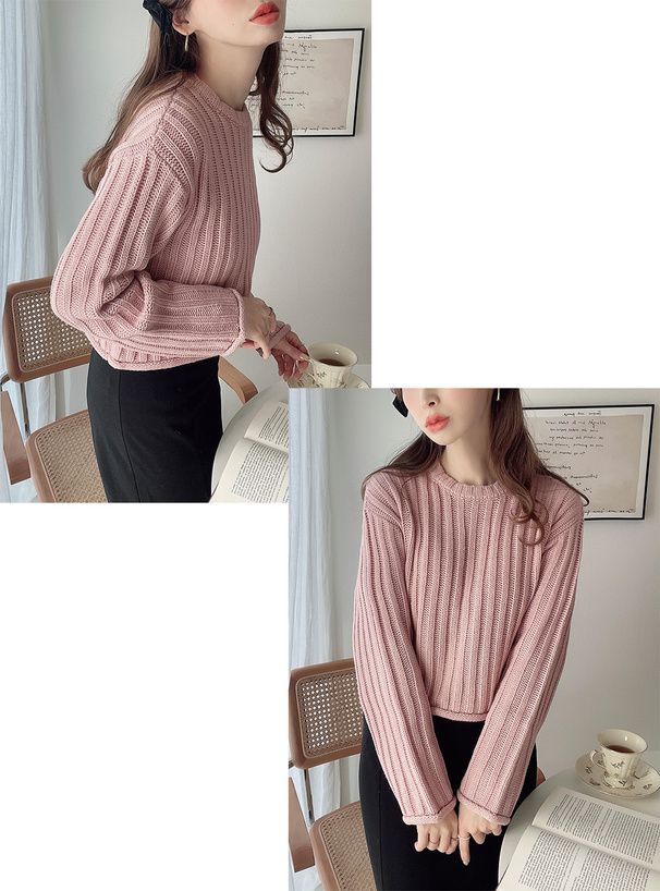 日本 GRL - 圓領坑條短版針織上衣-米杏 (F)