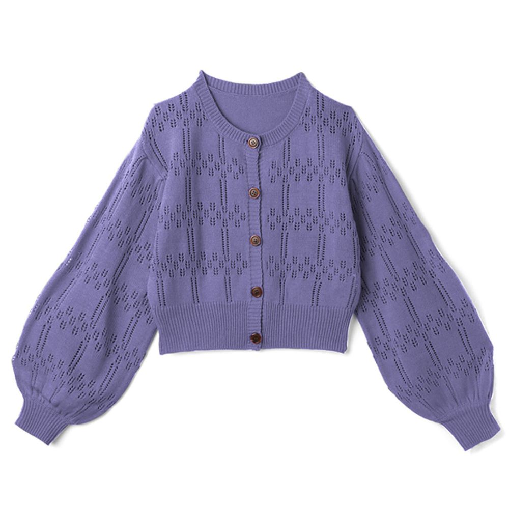 日本 GRL - 簍空圖騰針織圓領澎袖外套-紫