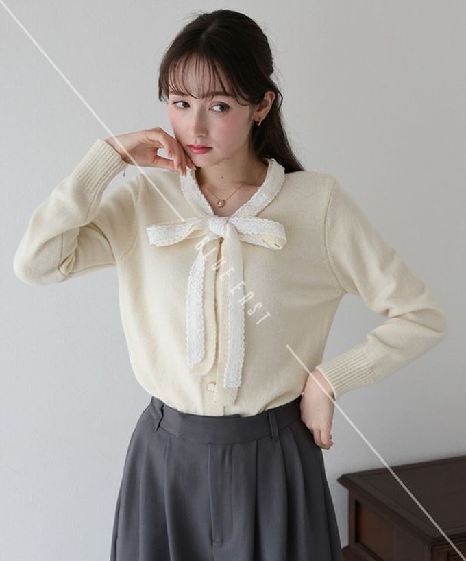 日本 BLUE EAST - 少女爛漫蕾絲蝴蝶結開襟衫-灰