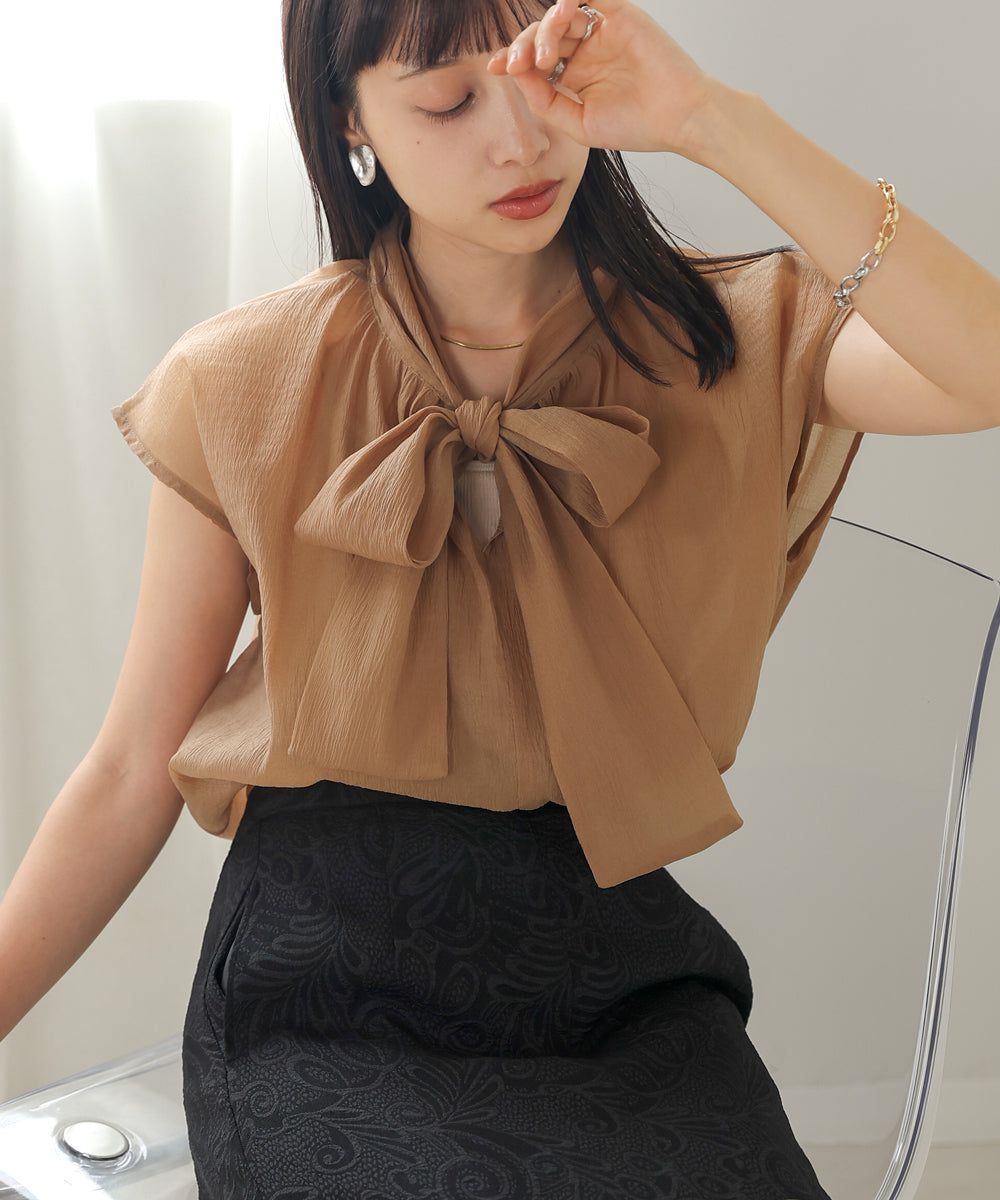 日本 Bab - 歐根紗紐結法式袖上衣-白