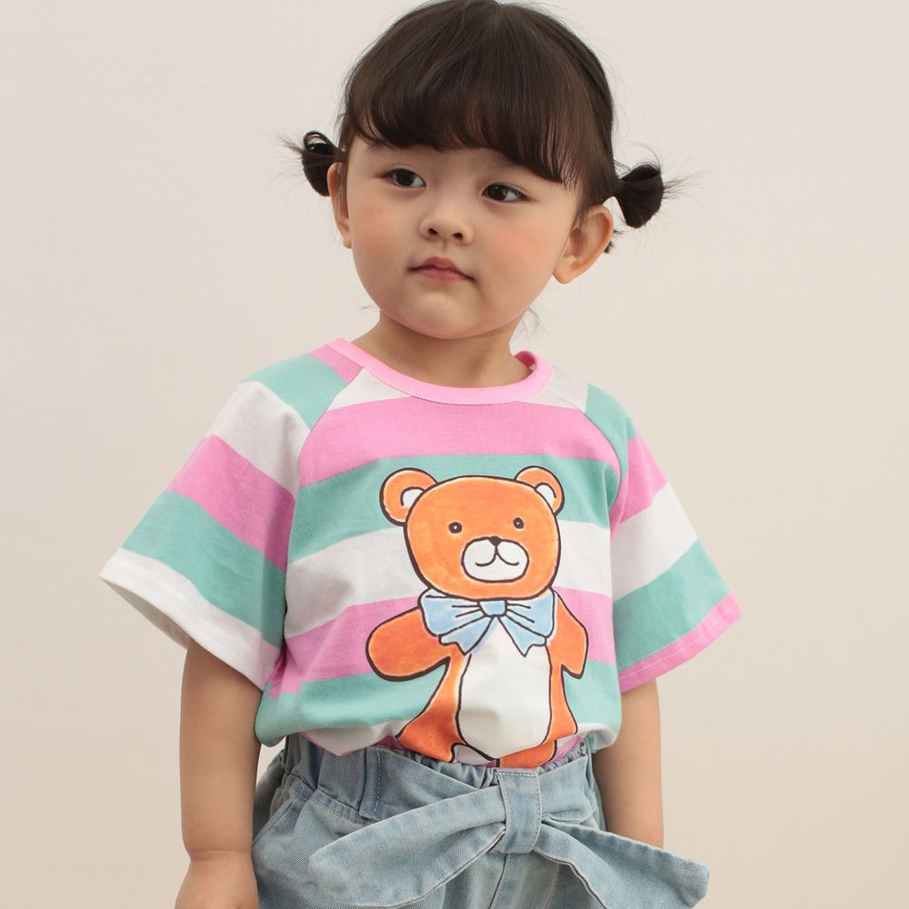 韓國 Coco Rabbit - 寬版條紋熊熊印花T-粉綠