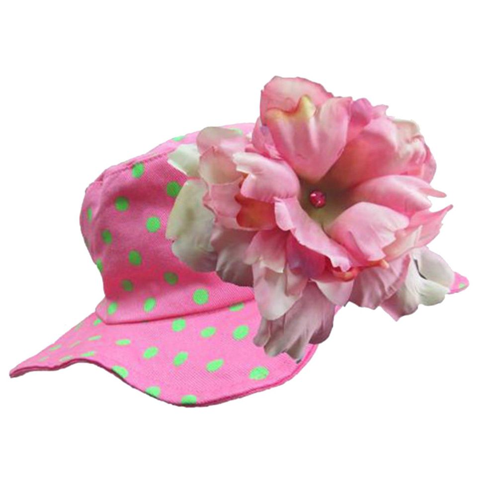 美國 Jamie Rae - 100%純棉帽-糖果粉點點遮陽帽+糖果粉玫瑰