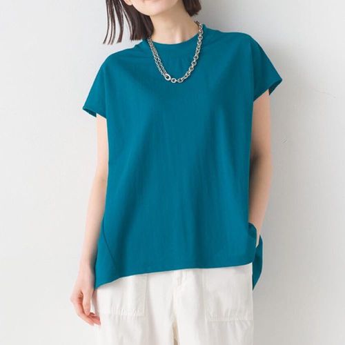 日本 OMNES - 接觸涼感 嫘縈混圓領法式袖上衣-藍綠
