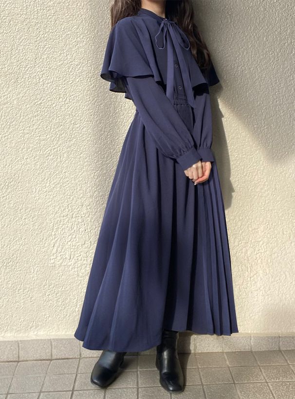 日本 GRL - 法式復古斗篷領收腰長袖洋裝-海軍藍