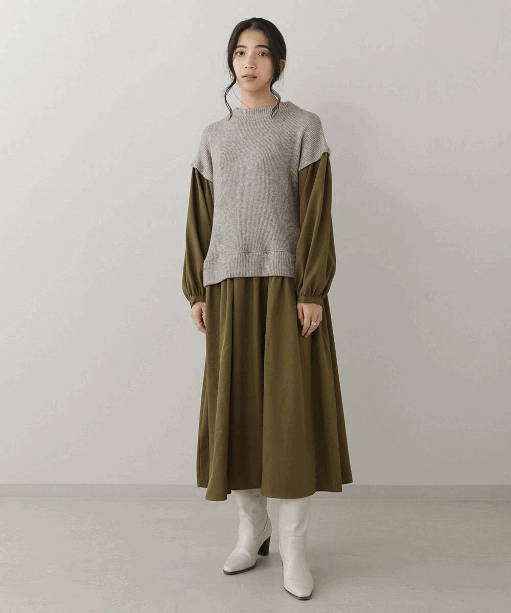 日本 Bou Jeloud - 針織背心假兩件拼接長袖寬鬆洋裝-米