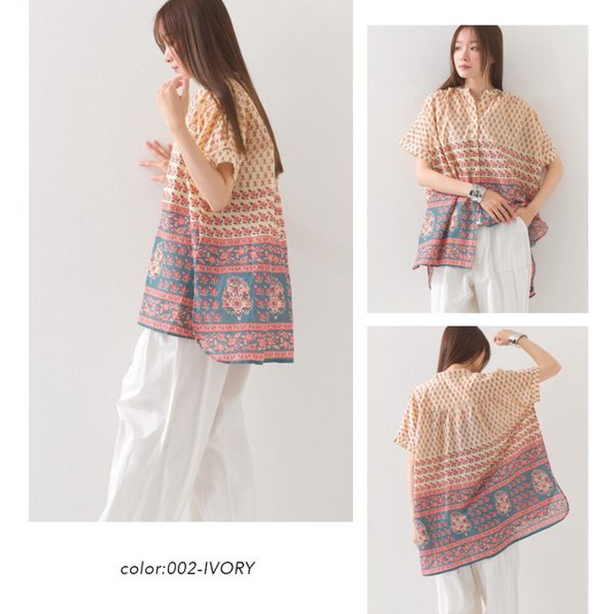 日本 OMNES - 100%印度棉 夏日印花休閒長版襯衫-淺棕條紋