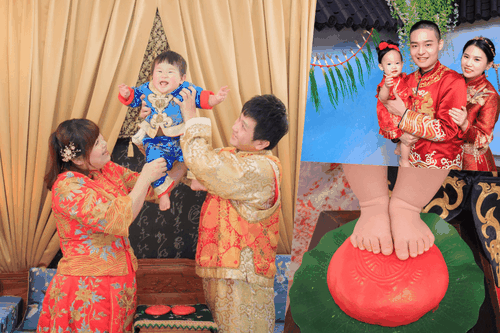 <ul>
<li>敲智慧鑼，祝寶寶智慧開、平安來、寶開懷</li>
<li>抱寶寶舉高高，祝寶寶步步高升</li>
<li>腳踏紅龜粿，祝寶寶長壽有福氣</li>
<li>手拿大蔥，祝寶寶聰明伶俐</li>
<li>嘴咬蘋果，祝寶寶平安順利</li>
<li>吃大雞腿，祝寶寶不愁吃穿</li>
<li>抱芹菜，希望寶寶勤奮努力</li>
<li>摸大蒜，希望寶寶精打細算</li>
</ul>
