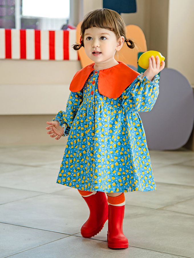 韓國 Pimpollo - 滿版花紋撞色翻領連身洋裝-藍