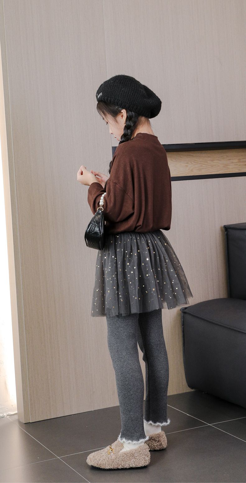 FANMOU - 加絨網紗亮片褲裙-星星月亮-灰色