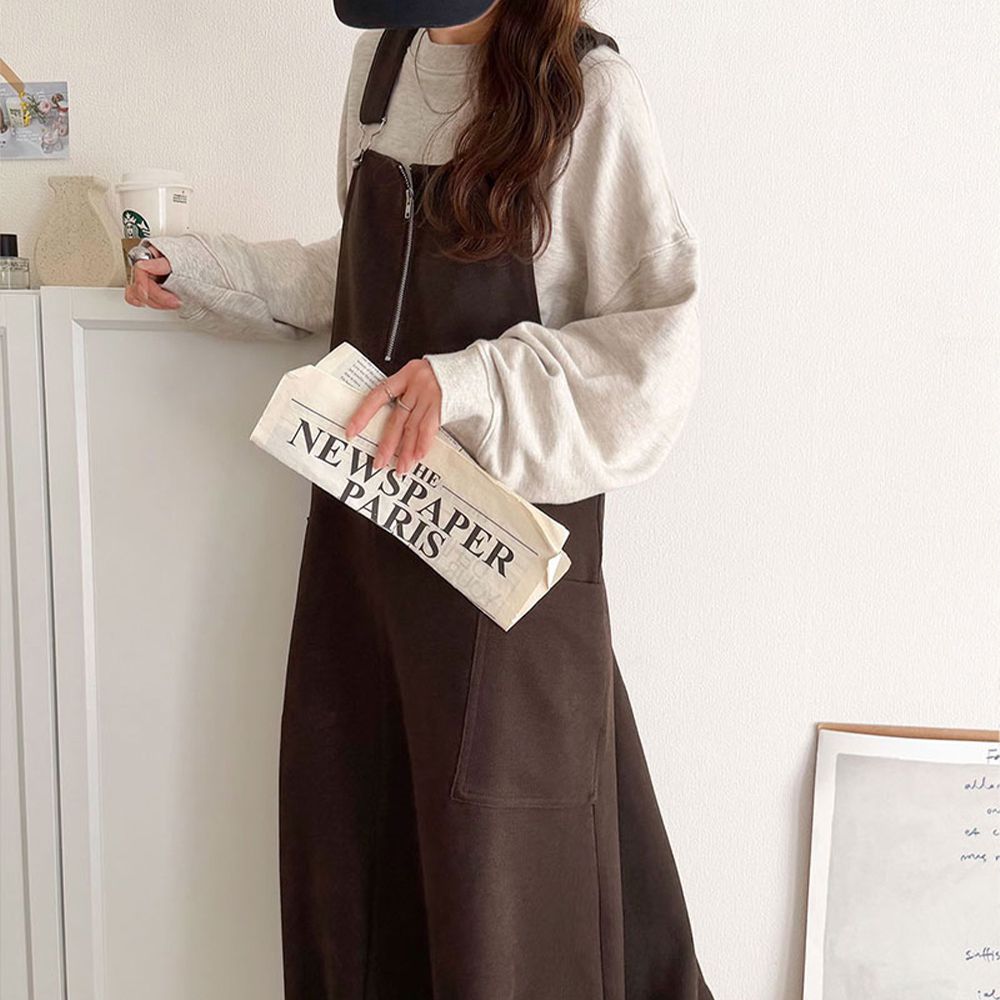 修身拉鍊俏皮燈籠下擺吊帶洋裝-咖啡