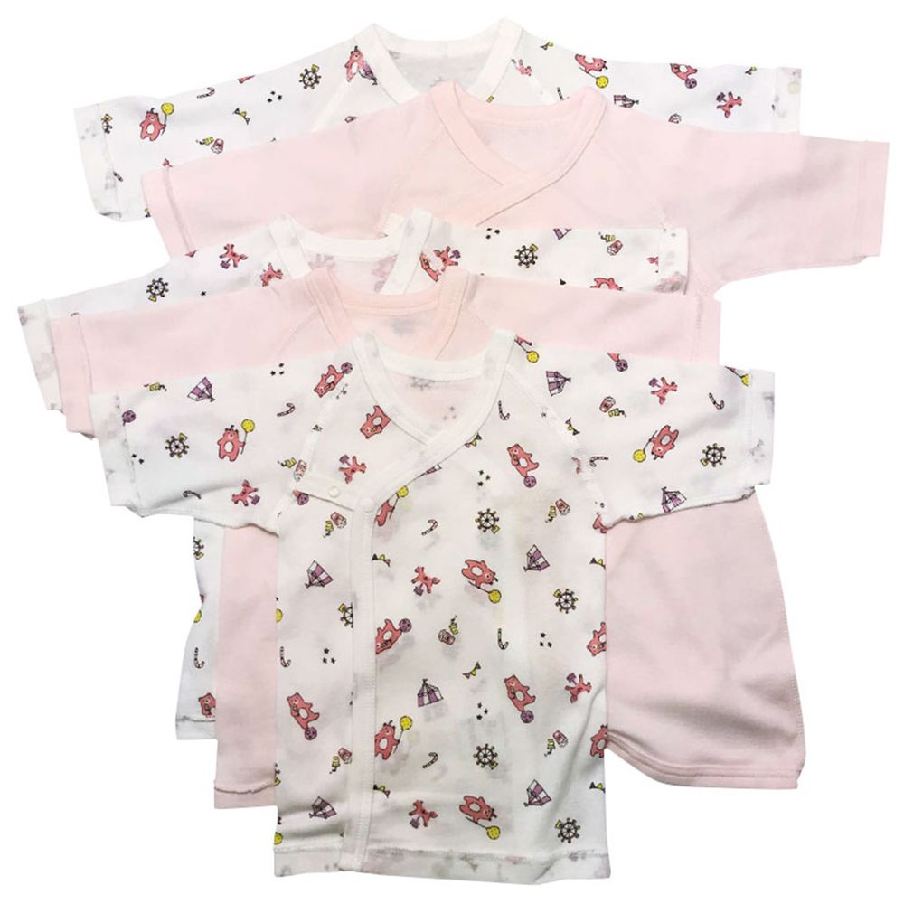 akachan honpo - 長袖新生兒內衣5件組 釦子款-馬戲團-粉紅色 (肚衣50cm 蝴蝶裝50cm~60cm)