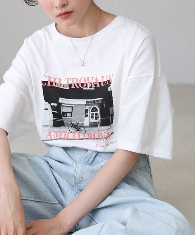 日本 Bab - 100%棉 極簡照片印花五分袖上衣-杏底綠字 (M)