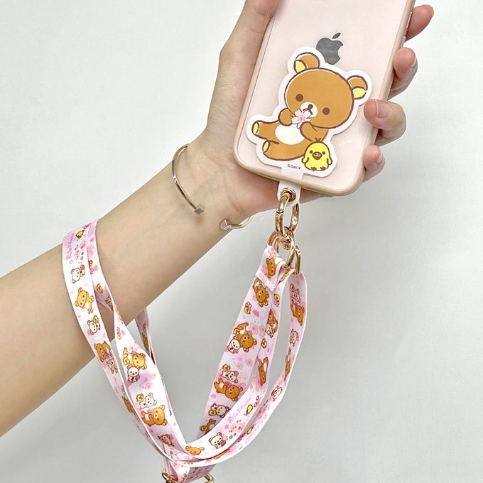 拉拉熊 - Rilakkuma  正版授權 多功能手機夾片掛繩組-櫻花(粉)