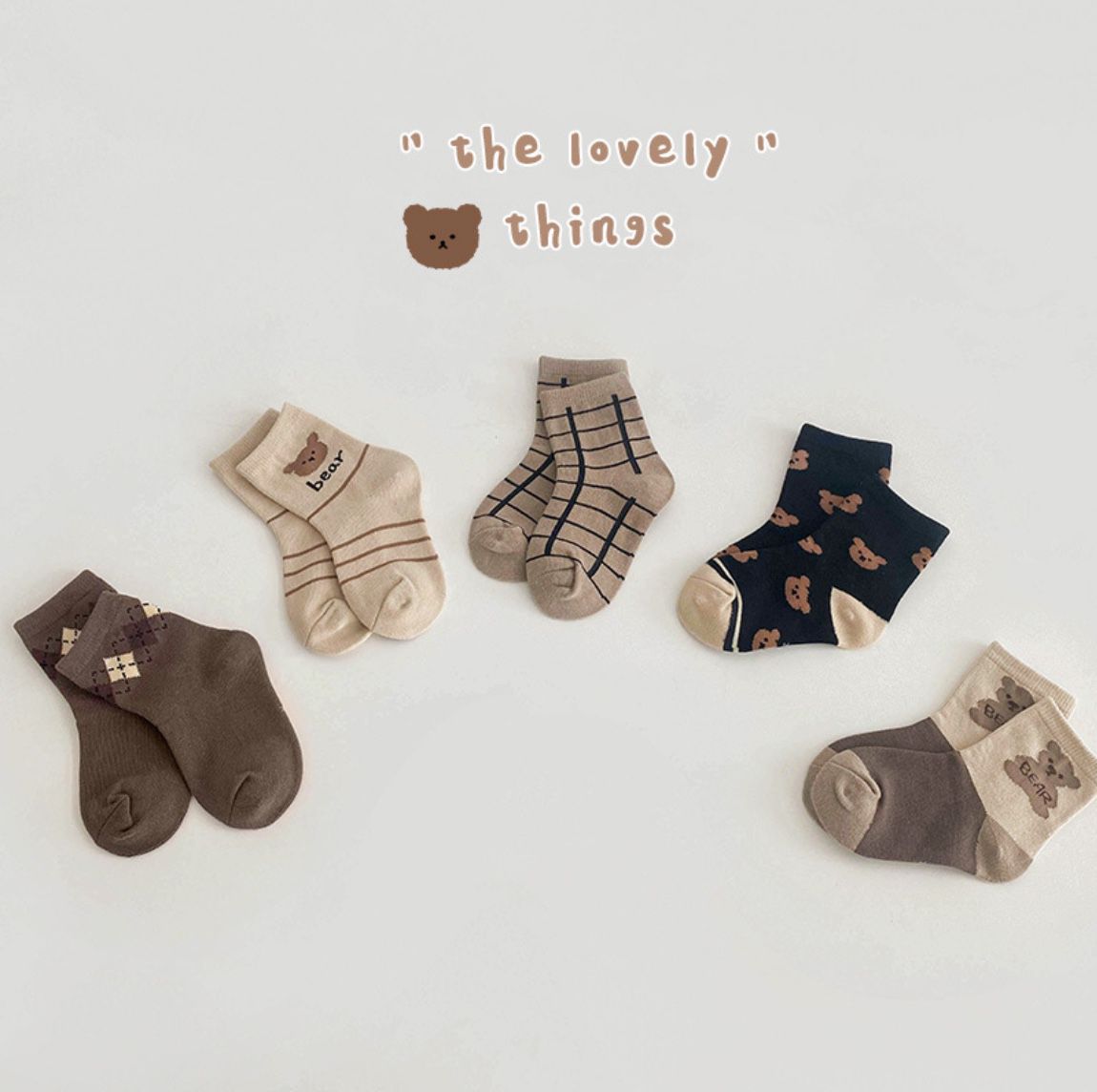 love, charlotte - 奶茶色系小熊日記格子短筒棉襪-5 雙一組