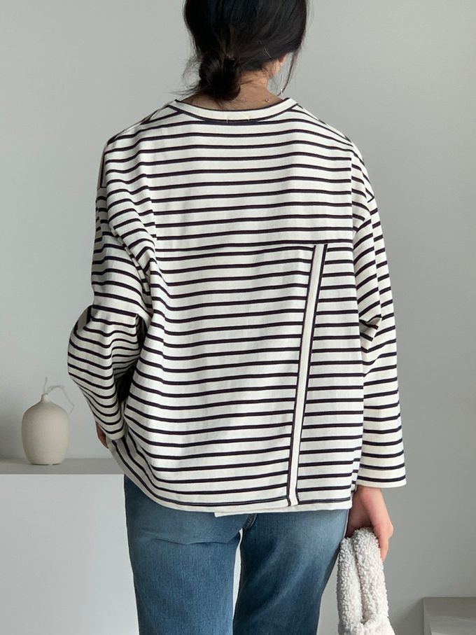 韓國女裝連線 - 不對稱後開衩條紋長袖上衣-黑藍 (FREE)